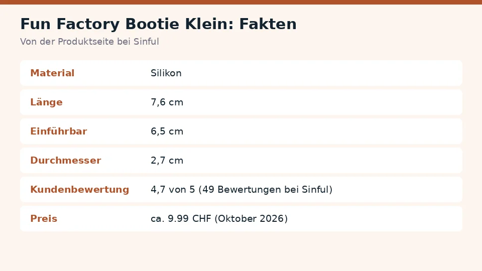 Faktenkarte zu Fun Factory Bootie Klein von der Produktseite bei Sinful: material, länge, einführbar und durchmesser auf einen Blick