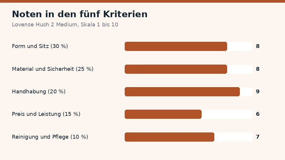 Noten für Lovense Hush 2 Medium in den fünf Kriterien: 8 für Gefühl und Struktur, 8 für Material und Sicherheit, 9 für Handhabung, 6 für Preis und Leistung und 7 für Reinigung und Pflege