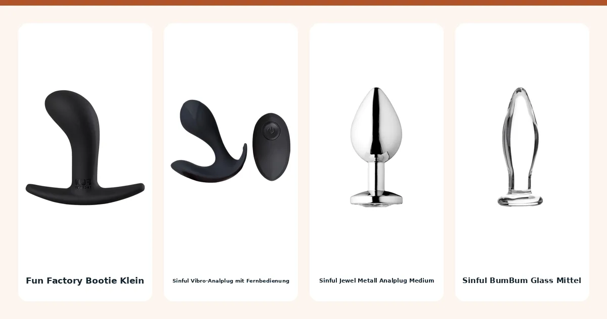 Vier Buttplugs aus der Rangliste nebeneinander: Fun Factory Bootie Klein, Sinful Vibro-Analplug mit Fernbedienung, Sinful Jewel Metall Analplug Medium und Sinful BumBum Glass Mittel